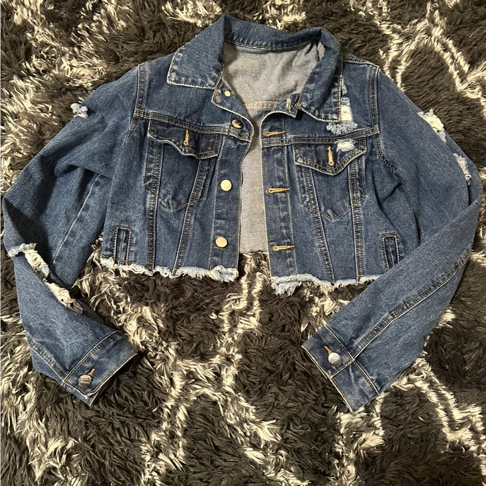 Medium Wash Distressed Denim Crop Jacket